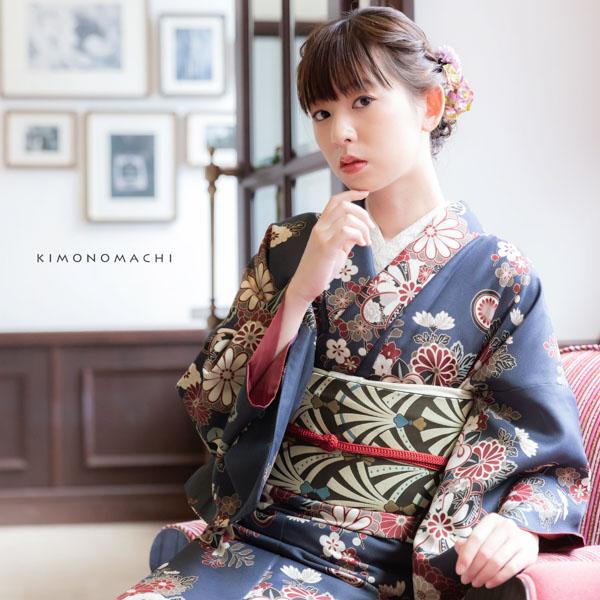 KIMONOMACHI 洗える花柄着物 花紋散らし 紺青 楽天市場】洗える着物 袷着物単品 「花紋散らし 紺青