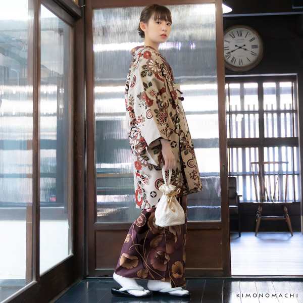 羽織 単品 KIMONOMACHI オリジナル「花紋散らし 灰梅」ポリエステル