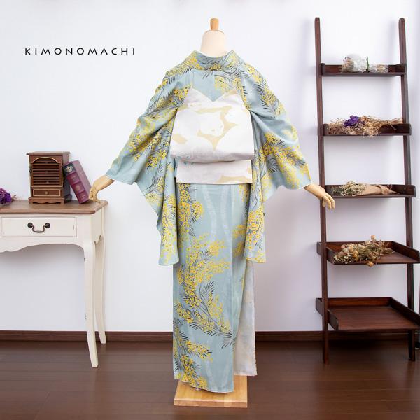 二尺袖着物 単品 「ミモザに立涌 錆青磁色」 KIMONOMACHIオリジナル お