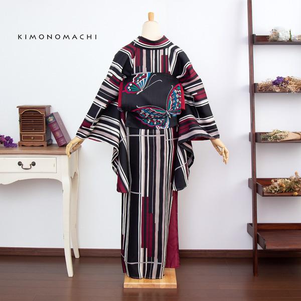 二尺袖 着物単品 「ラインカラー 灰色×赤」 KIMONOMACHIオリジナル お仕立て上がり レディース 洗える着物 二尺袖 着物 袴 卒業式 謝恩会 通常丈 長着 カジュアル着物 【メール便不可】ss2506kck20_7