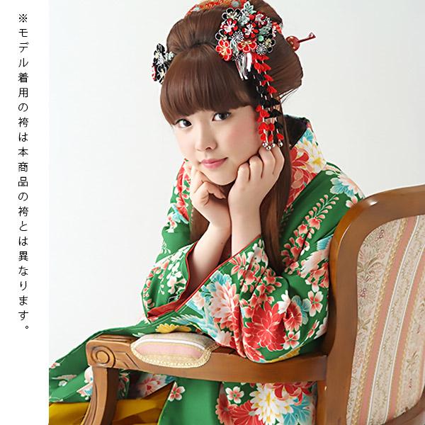 中古品】袴セット レディース 卒業式 「二尺袖：緑 菊と藤の花+袴：金