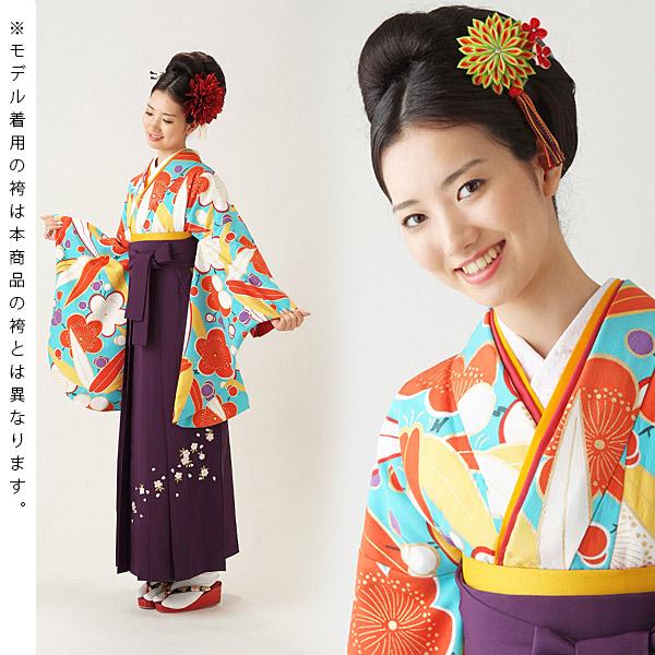 中古品】袴セット レディース 卒業式 「二尺袖：水色 笹と梅+袴：青紫