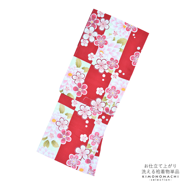 袷着物 単品「赤×薄グリーン市松 菊と梅」フリーサイズ 着物 小紋 洗える着物 お仕立て上がり 普段着きもの カジュアル着物 レディース ポリエステル 【メール便不可】ss2512kck35