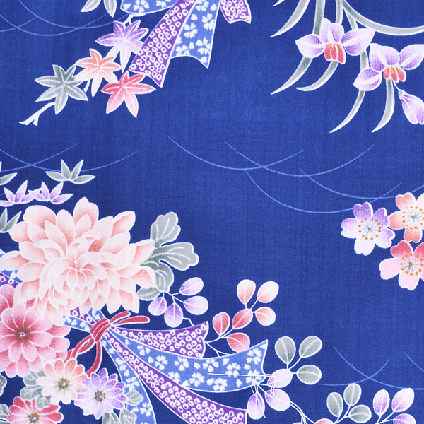 Prices down】袷着物 単品「紺 菊・桜・熨斗」フリーサイズ 着物 小紋