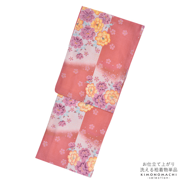 【Prices down】袷着物 単品「オレンジ×浅緋色に桜」フリーサイズ 着物 小紋 洗える着物 お仕立て上がり 普段着きもの カジュアル着物 レディース ポリエステル 【メール便不可】ss2512kck35