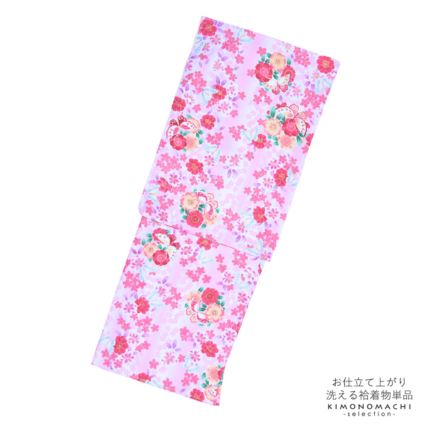 【Prices down】袷着物 単品「薄ピンク 桜・蝶」フリーサイズ 着物 小紋 洗える着物 お仕立て上がり 普段着きもの カジュアル着物 レディース ポリエステル 【メール便不可】ss2512kck35