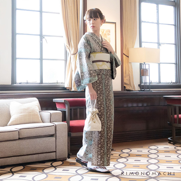 洗える着物 セット「袷着物：縞更紗水色＋京袋帯：日向の白猫」KIMONOMACHI オリジナル 着物と帯の2点セット サイズS/M/L/LL コーディネート済み着物セット 小紋 レディース キモノ 【メール便不可】_1