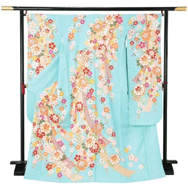【新古品】お仕立て上がり 振袖単品 「水色 束ね熨斗に枝垂桜 牡丹」 振袖 振り袖 成人式 結婚式 結納 パーティー 【メール便不可】ss2512fml10