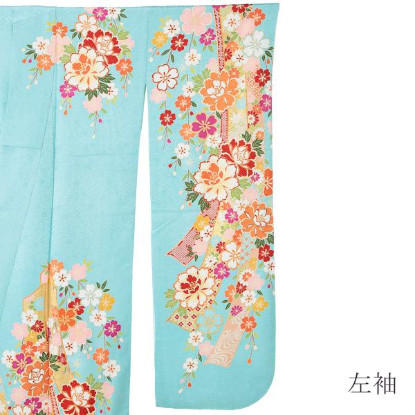 新古品】お仕立て上がり 振袖単品 「水色 束ね熨斗に枝垂桜 牡丹 