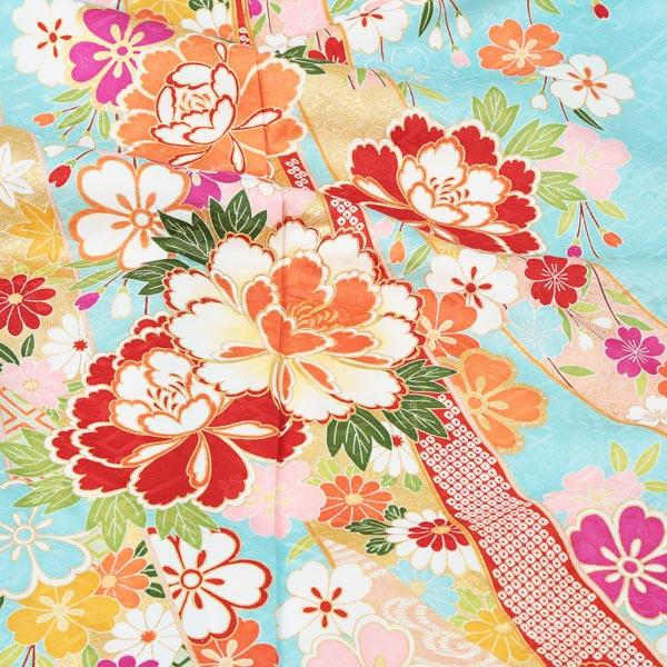 新古品】お仕立て上がり 振袖単品 「水色 束ね熨斗に枝垂桜 牡丹