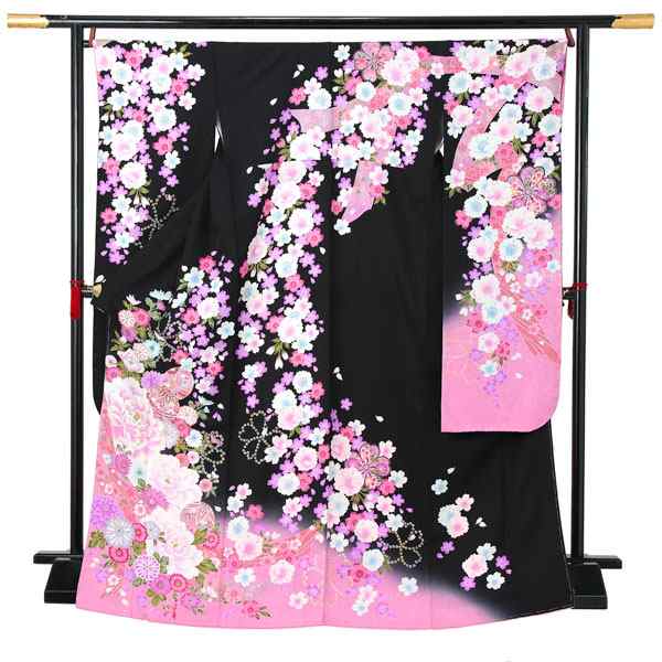 【新古品】お仕立て上がり 振袖単品 「黒地 八重桜 牡丹に手毬」 振り袖 着物 レディース 成人式 結婚式 結納 パーティー 晴れ着 【メー