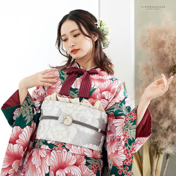 帯締め 振袖用 帯〆 正絹 「ベロアカボション モカ×グレー