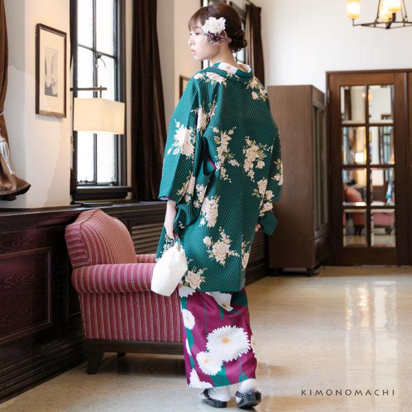 専用です☆新品☆ブランド個性的着物単品 羽織 単品 KIMONOMACHI オリジナル 「ストライプブーケ グリーン
