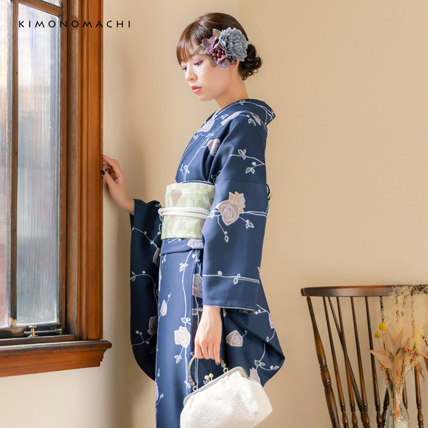二尺袖 着物単品 「ばら墨紺色」KIMONOMACHIオリジナル お仕立て上がり レディース 洗える着物 二尺袖 着物 袴に合わせて 卒業式 謝恩会に 通常丈 長着 カジュアル着物【メール便不可】ss2506kmn10_5