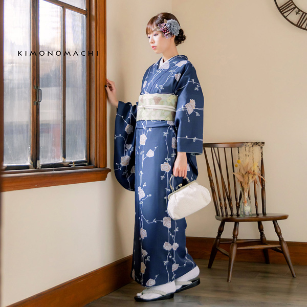 二尺袖 着物単品 「ばら墨紺色」KIMONOMACHIオリジナル お仕立て上がり レディース 洗える着物 二尺袖 着物 袴に合わせて 卒業式 謝恩会に 通常丈 長着 カジュアル着物【メール便不可】ss2506kmn10_6