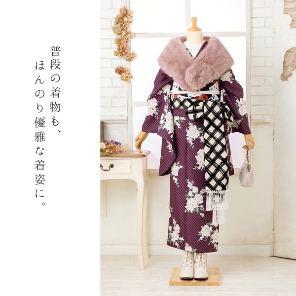 二尺袖 着物単品 「ストライプブーケプラム」KIMONOMACHIオリジナル お仕立て上がり レディース 洗える着物 二尺袖 着物 袴に合わせて 卒業式 謝恩会に 通常丈 長着 カジュアル着物【メール便不可】ss2506kmn10_4