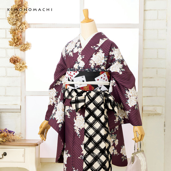 二尺袖 着物単品 「ストライプブーケプラム」KIMONOMACHIオリジナル お仕立て上がり レディース 洗える着物 二尺袖 着物 袴に合わせて 卒業式 謝恩会に 通常丈 長着 カジュアル着物【メール便不可】ss2506kmn10_5