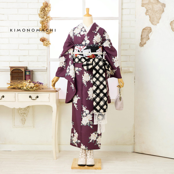二尺袖 着物単品 「ストライプブーケプラム」KIMONOMACHIオリジナル お仕立て上がり レディース 洗える着物 二尺袖 着物 袴に合わせて 卒業式 謝恩会に 通常丈 長着 カジュアル着物【メール便不可】ss2506kmn10_6