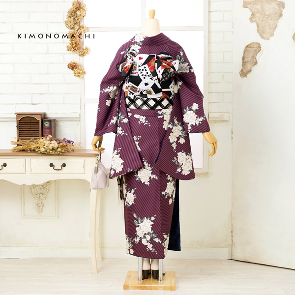 二尺袖 着物単品 「ストライプブーケプラム」KIMONOMACHIオリジナル お仕立て上がり レディース 洗える着物 二尺袖 着物 袴に合わせて 卒業式 謝恩会に 通常丈 長着 カジュアル着物【メール便不可】ss2506kmn10_7