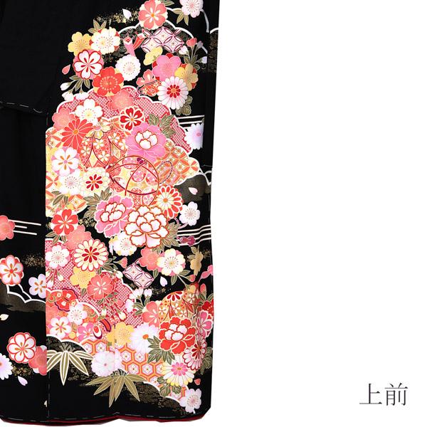 未仕立て 振袖 単品 「黒地 雪輪に手毬、牡丹」 仮絵羽 振り袖 正絹