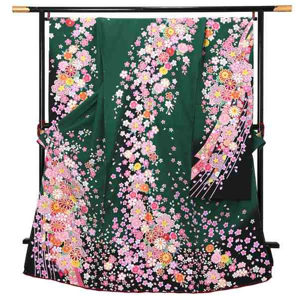 未仕立て 振袖 単品 「緑 桜と菊に熨斗」 仮絵羽 振り袖 正絹 着物 レディース 成人式 結婚式 結納 パーティー 晴れ着 【メール便不可】