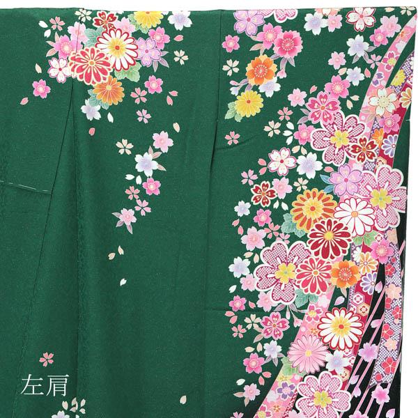 未仕立て 振袖 単品 「緑 桜と菊に熨斗」 仮絵羽 振り袖 正絹 着物 レディース 成人式 結婚式 結納 パーティー 晴れ着 【メール便不可】の通販は