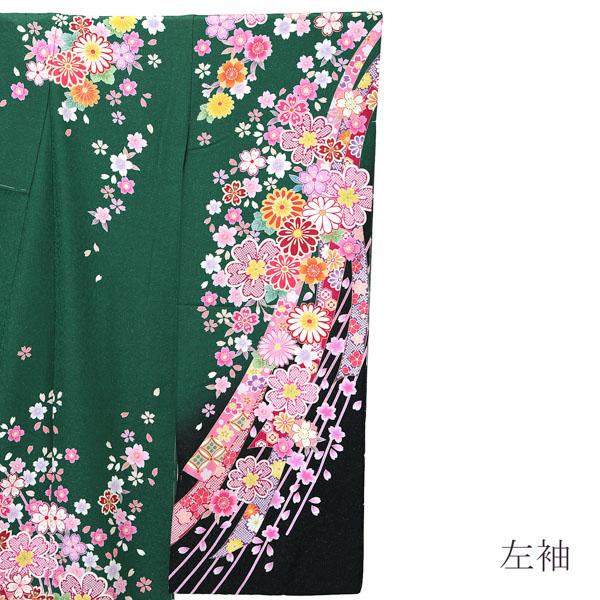 未仕立て 振袖 単品 「緑 桜と菊に熨斗」 仮絵羽 振り袖 正絹 着物 レディース 成人式 結婚式 結納 パーティー 晴れ着 【メール便不可】の通販は
