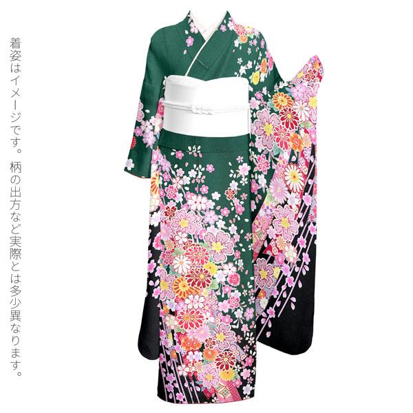 未仕立て 振袖 単品 「緑 桜と菊に熨斗」 仮絵羽 振り袖 正絹 着物 レディース 成人式 結婚式 結納 パーティー 晴れ着 【メール便不可】の通販は
