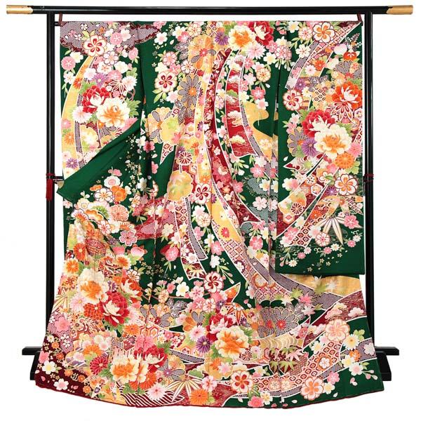 未仕立て 振袖 単品 「常盤色 熨斗に牡丹、貝桶」 仮絵羽 振り袖 正絹 着物 レディース 成人式 結婚式 結納 パーティー 晴れ着 【メール便不可】