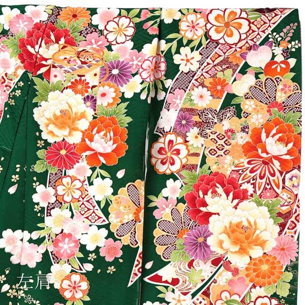 未仕立て 振袖 単品 「常盤色 熨斗に牡丹、貝桶」 仮絵羽 振り袖 正絹 着物 レディース 成人式 結婚式 結納 パーティー 晴れ着 【メール便不可】 未仕立て 振袖 単品 「常盤色 熨斗に牡丹、貝桶」 仮絵羽 振り袖 正絹