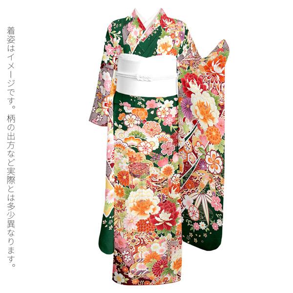 未仕立て 振袖 単品 「常盤色 熨斗に牡丹、貝桶」 仮絵羽 振り袖 正絹 着物 レディース 成人式 結婚式 結納 パーティー 晴れ着 【メール便不可】 未仕立て 振袖 単品 「常盤色 熨斗に牡丹、貝桶」 仮絵羽 振り袖 正絹