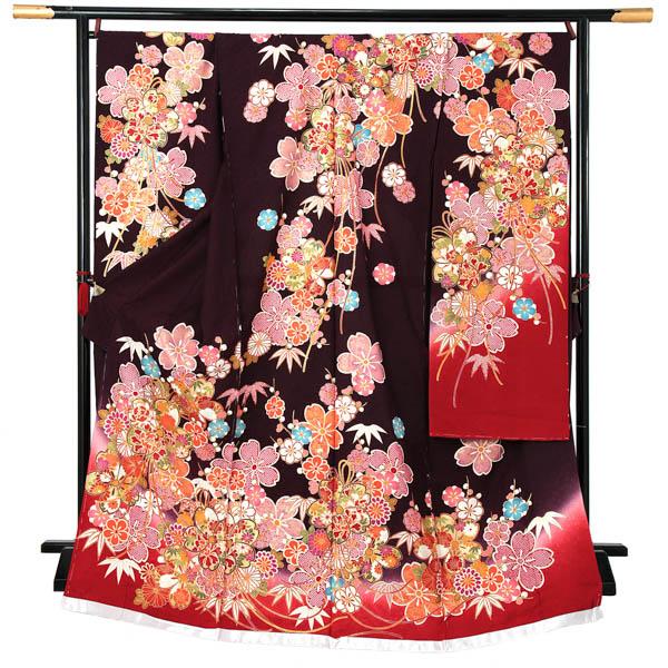 未仕立て 振袖 単品 「葡萄茶色 桜薬玉、枝梅」 仮絵羽 振り袖 正絹 着物 レディース 成人式 結婚式 結納 パーティー 晴れ着 【メール便不可】