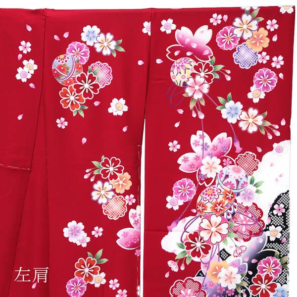 未仕立て 振袖 単品 「赤地 桜に手毬」 仮絵羽 振り袖 正絹 着物