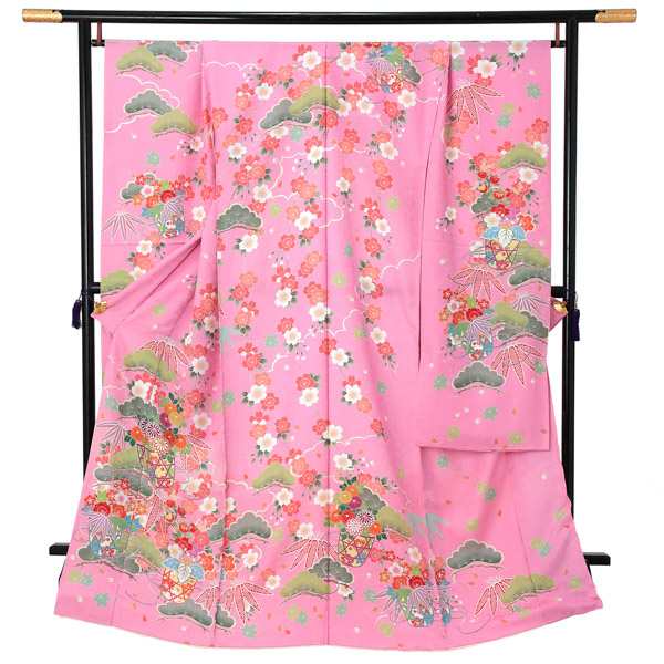 未仕立て 振袖 単品 「ピンク 松に桜、花籠」 仮絵羽 振り袖 正絹 着物 レディース 成人式 結婚式 結納 パーティー 晴れ着 【メール便不