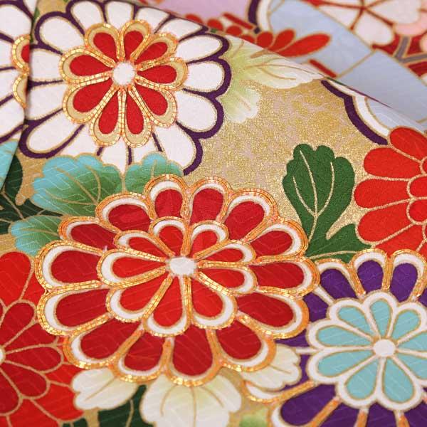 未仕立て 振袖 単品「濃紅 流水に松、檜扇」日本製 仮絵羽 振り袖 正絹