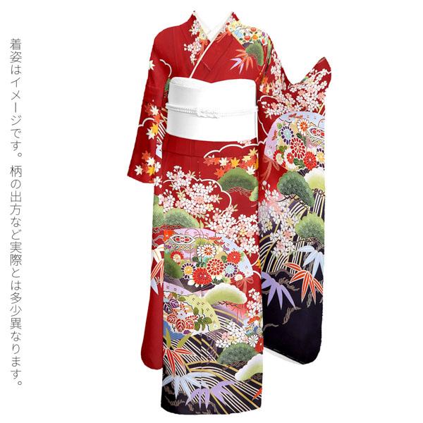 未仕立て 振袖 単品「濃紅 流水に松、檜扇」日本製 仮絵羽 振り袖 正絹