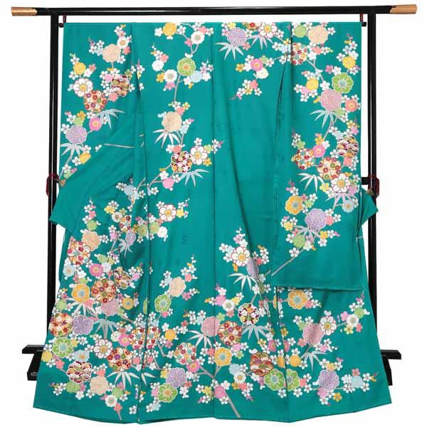 未仕立て 振袖 単品「青緑 八重梅に竹」日本製 仮絵羽 振り袖 正絹 着物 レディース 成人式 結婚式 結納 パーティー 晴れ着【メール便不可】