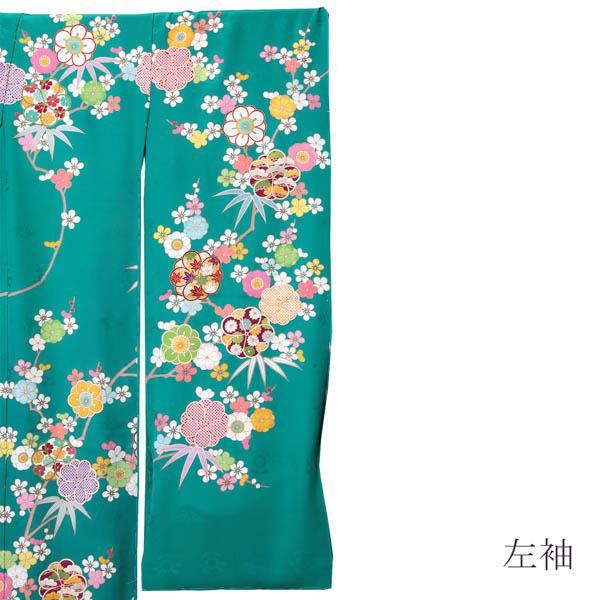 未仕立て 振袖 単品「青緑 八重梅に竹」日本製 仮絵羽 振り袖 正絹