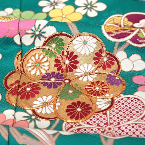 未仕立て 振袖 単品「青緑 八重梅に竹」日本製 仮絵羽 振り袖 正絹