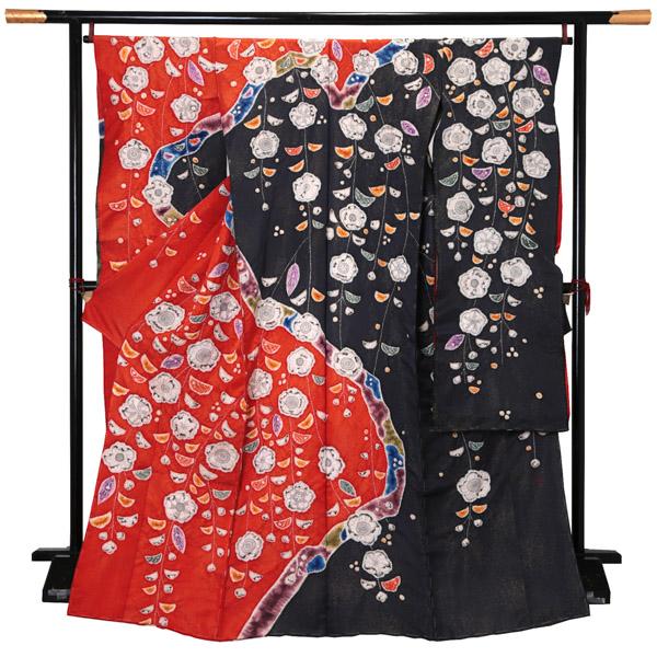 未仕立て 振袖 単品「朱色×黒 枝垂れ、辻が花」日本製 仮絵羽 振り袖 正絹 着物 レディース 成人式 結婚式 結納 パーティー 晴れ着【メール便不可】