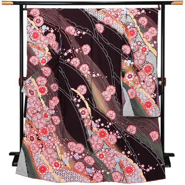 未仕立て 振袖 単品「暗紫色 雪芝取りに花紋」日本製 仮絵羽 振り袖 正絹 着物 レディース 成人式 結婚式 結納 パーティー 晴れ着【メール便不可】の通販は