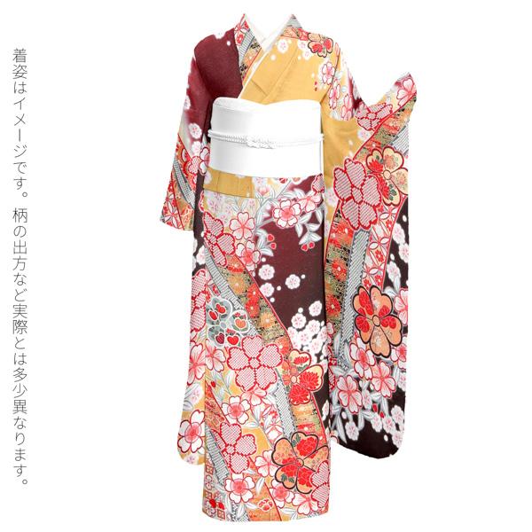 未仕立て 振袖 単品「芥子色×えび茶色 熨斗に枝桜」日本製 仮絵羽