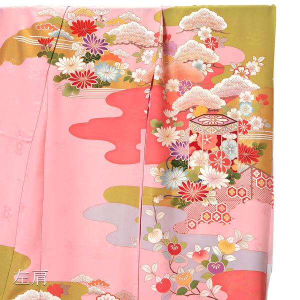 未仕立て 振袖 単品「ピンク色 霞に松、菊、貝桶」日本製 仮絵羽 