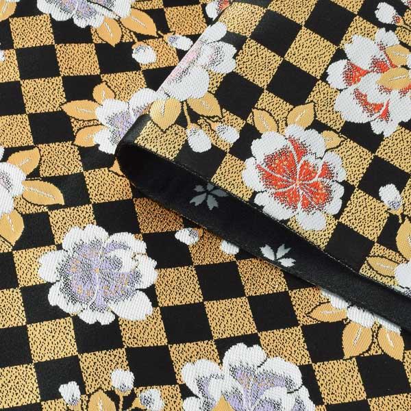 七五三 帯 7歳用 袋帯「黒×金、市松桜」仕立て上がり 全通柄