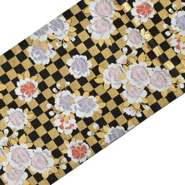 七五三 帯 7歳用 袋帯「黒×金、市松桜」仕立て上がり 全通柄