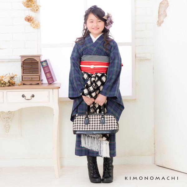 こども 木綿着物とポリエステル単帯の子ども用着物セット「緑色チェック+赤ピンク縞」120cm/130cm/140cm 女の子着物 ジュニア着物 キッズ着物 普段着物 子供 女児【メール便不可】_2