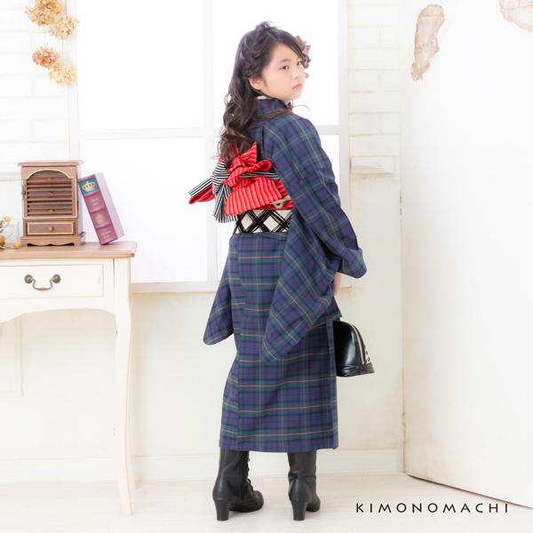 こども 木綿着物とポリエステル単帯の子ども用着物セット「緑色チェック+赤ピンク縞」120cm/130cm/140cm 女の子着物 ジュニア着物 キッズ着物 普段着物 子供 女児【メール便不可】_3