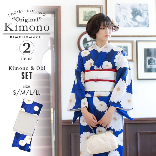 洗える着物 セット「袷着物：矢羽根に菊 瑠璃色＋京袋帯：献上鳥更紗」KIMONOMACHI オリジナル 着物と帯の2点セット サイズS/M/L/LL コーディネート済み着物セット 小紋 レディース キモノ【メール便不可】ss2512kck10
