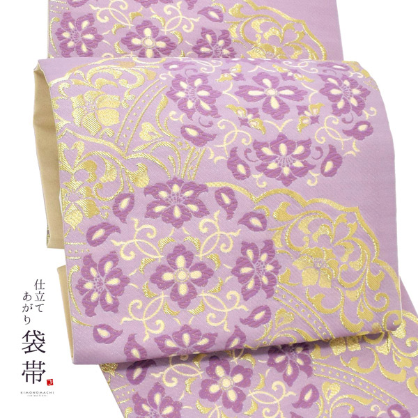 礼装向け 袋帯 単品 お仕立て上がり「薄葡萄色 雪輪に鏡、華紋」フォーマル 全通柄 ポリエステル帯 日本製 訪問着 留袖【メール便不可】ss2512ofk10