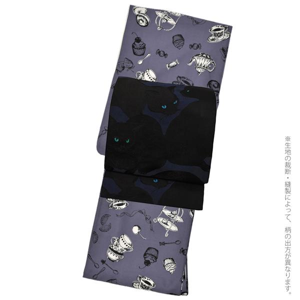 洗える着物 セット「袷着物：アフタヌーンティー ウィスタリアグレー＋京袋帯：暗闇に黒猫」KIMONOMACHI オリジナル 着物と帯の2点セット サイズS/M/L/LL 2023-2024新作 コーディネート済み着物セット 小紋 レディース キモノ【メール便不可】_3